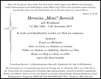 Anzeige von Hermine  Bernick von Kölner Stadt-Anzeiger / Kölnische Rundschau / Express