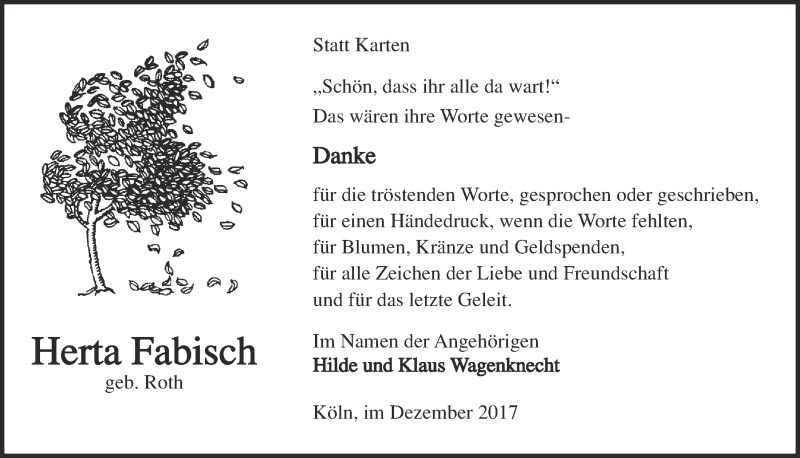  Traueranzeige für Herta Fabisch vom 13.12.2017 aus  Kölner Wochenspiegel 