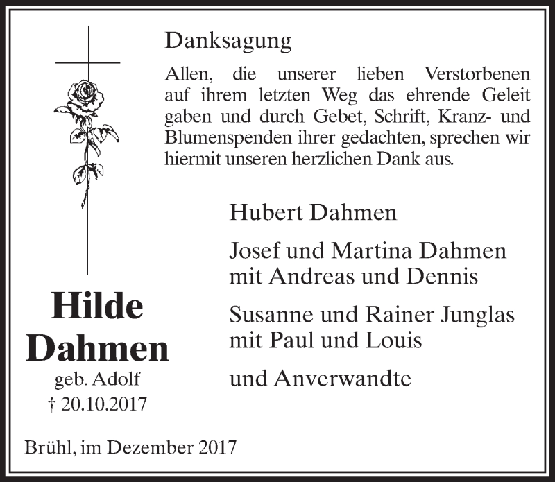 Traueranzeige für Hilde Dahmen vom 06.12.2017 aus  Schlossbote/Werbekurier 