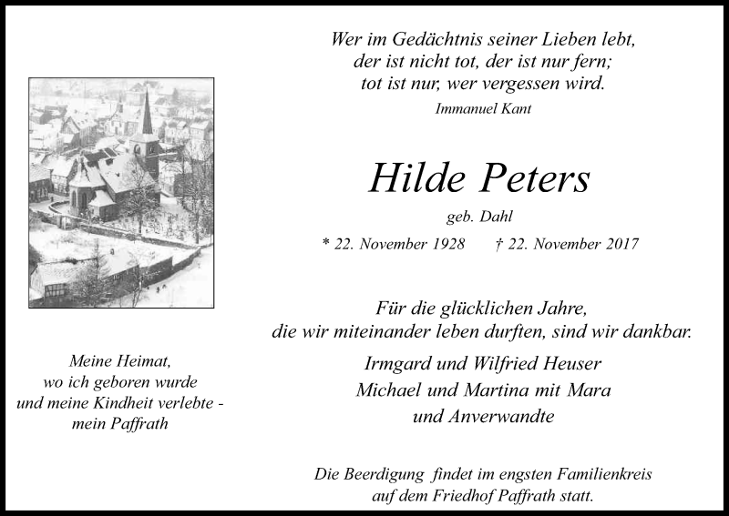  Traueranzeige für Hilde Peters vom 02.12.2017 aus Kölner Stadt-Anzeiger / Kölnische Rundschau / Express