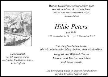 Anzeige von Hilde Peters von Kölner Stadt-Anzeiger / Kölnische Rundschau / Express
