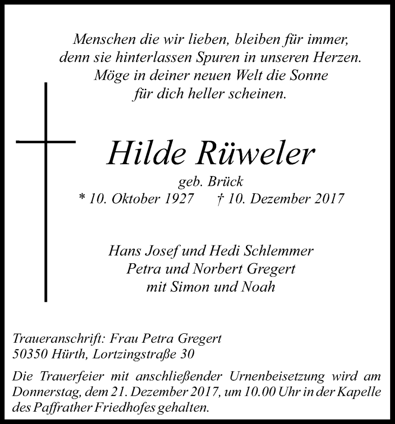  Traueranzeige für Hilde Rüweler vom 16.12.2017 aus Kölner Stadt-Anzeiger / Kölnische Rundschau / Express