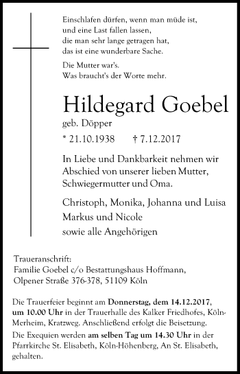 Anzeige von Hildegard Goebel von Kölner Stadt-Anzeiger / Kölnische Rundschau / Express