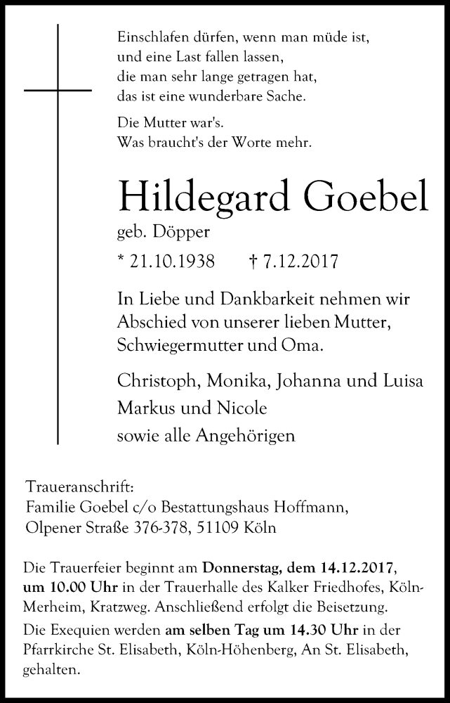  Traueranzeige für Hildegard Goebel vom 12.12.2017 aus Kölner Stadt-Anzeiger / Kölnische Rundschau / Express