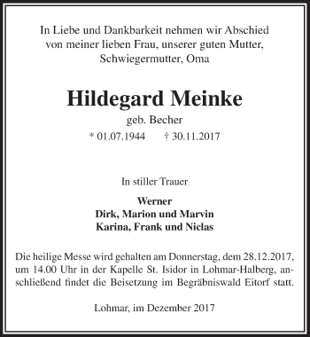 Anzeige von Hildegard Meinke von  Extra Blatt 