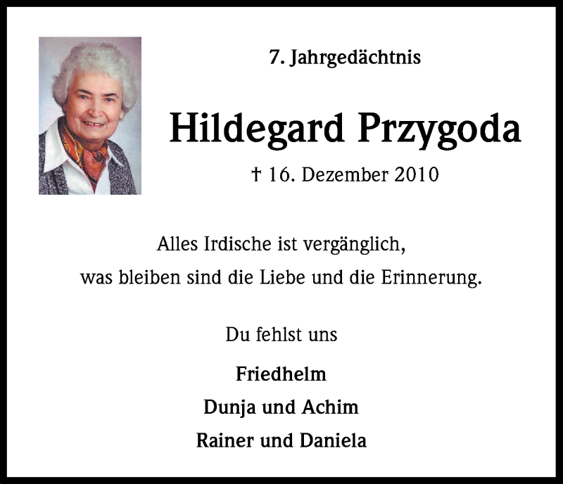  Traueranzeige für Hildegard Przygoda vom 16.12.2017 aus Kölner Stadt-Anzeiger / Kölnische Rundschau / Express