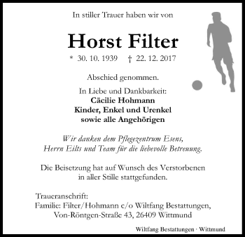 Anzeige von Horst Filter von Kölner Stadt-Anzeiger / Kölnische Rundschau / Express