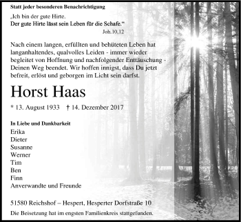 Anzeige von Horst Haas von Kölner Stadt-Anzeiger / Kölnische Rundschau / Express