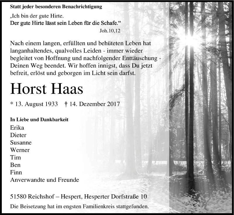  Traueranzeige für Horst Haas vom 21.12.2017 aus Kölner Stadt-Anzeiger / Kölnische Rundschau / Express