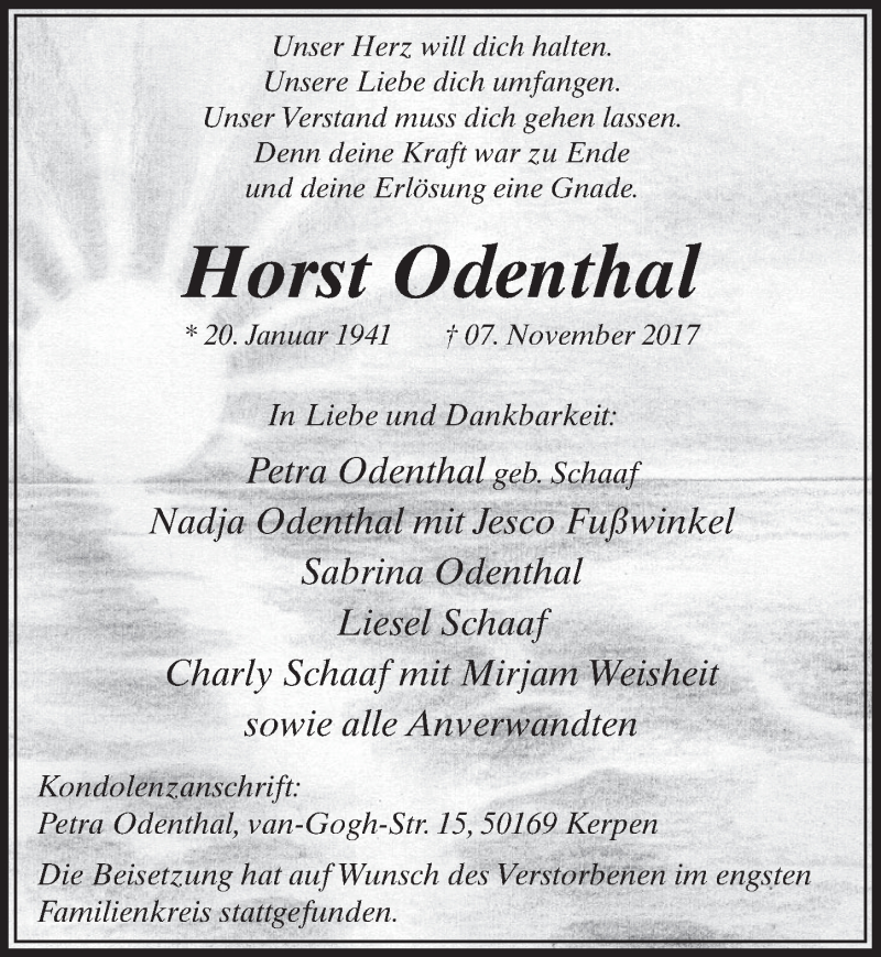  Traueranzeige für Horst Odenthal vom 02.12.2017 aus  Sonntags-Post 