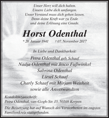Anzeige von Horst Odenthal von  Sonntags-Post 