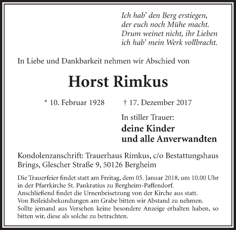  Traueranzeige für Horst Rimkus vom 30.12.2017 aus  Sonntags-Post 