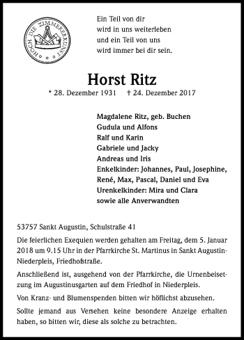 Anzeige von Horst Ritz von Kölner Stadt-Anzeiger / Kölnische Rundschau / Express