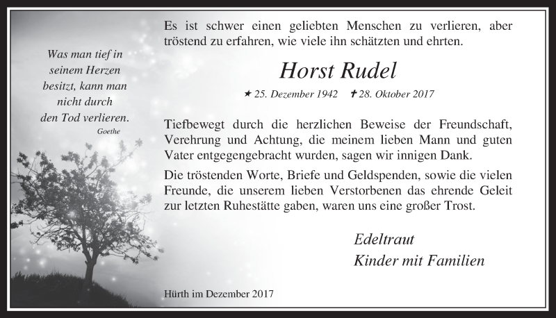  Traueranzeige für Horst Rudel vom 20.12.2017 aus  Wochenende 