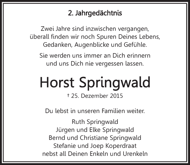  Traueranzeige für Horst Springwald vom 28.12.2017 aus  Bergisches Handelsblatt  Lokale Informationen 