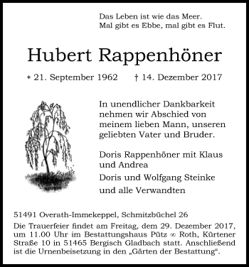 Anzeige von Hubert Rappenhöner von Kölner Stadt-Anzeiger / Kölnische Rundschau / Express