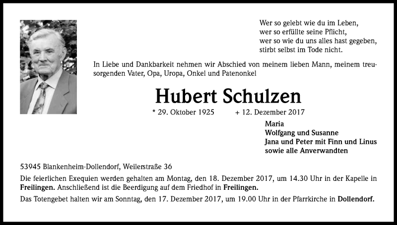  Traueranzeige für Hubert Schulzen vom 15.12.2017 aus Kölner Stadt-Anzeiger / Kölnische Rundschau / Express