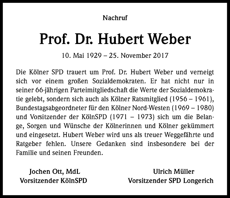  Traueranzeige für Hubert Weber vom 13.12.2017 aus Kölner Stadt-Anzeiger / Kölnische Rundschau / Express