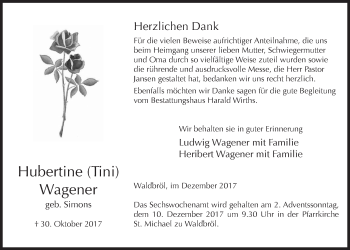 Anzeige von Hubertine Wagener von  Lokalanzeiger 