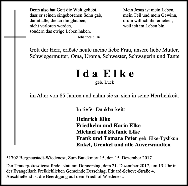  Traueranzeige für Ida Elke vom 19.12.2017 aus Kölner Stadt-Anzeiger / Kölnische Rundschau / Express