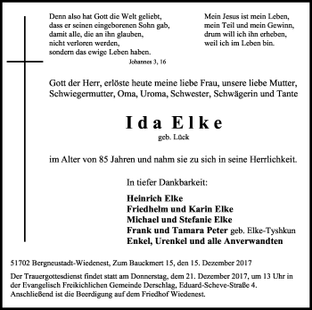Anzeige von Ida Elke von Kölner Stadt-Anzeiger / Kölnische Rundschau / Express