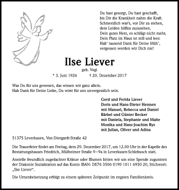 Anzeige von Ilse Liever von Kölner Stadt-Anzeiger / Kölnische Rundschau / Express
