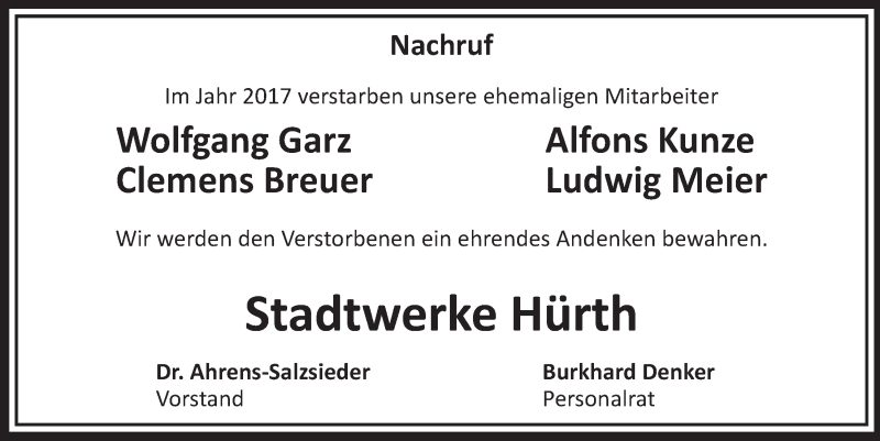  Traueranzeige für Im Jahr 2017 verstarben unsere ehemaligen Mitarbeiter vom 02.12.2017 aus  Sonntags-Post 