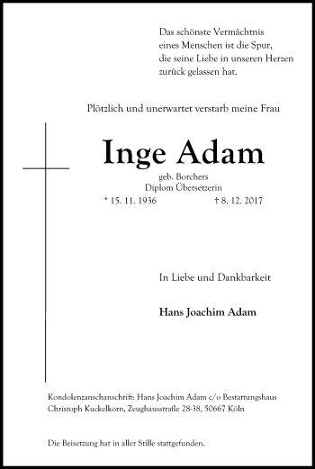 Anzeige von Inge Adam von Kölner Stadt-Anzeiger / Kölnische Rundschau / Express