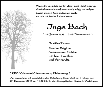 Anzeige von Inge Bach von Kölner Stadt-Anzeiger / Kölnische Rundschau / Express