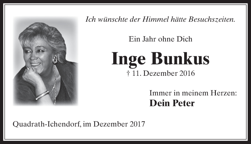  Traueranzeige für Inge Bunkus vom 09.12.2017 aus  Sonntags-Post 