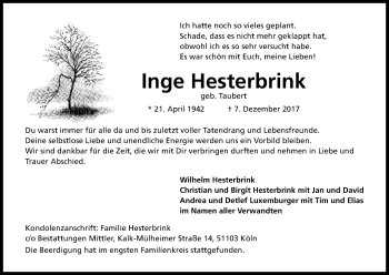 Anzeige von Inge Hesterbrink von Kölner Stadt-Anzeiger / Kölnische Rundschau / Express