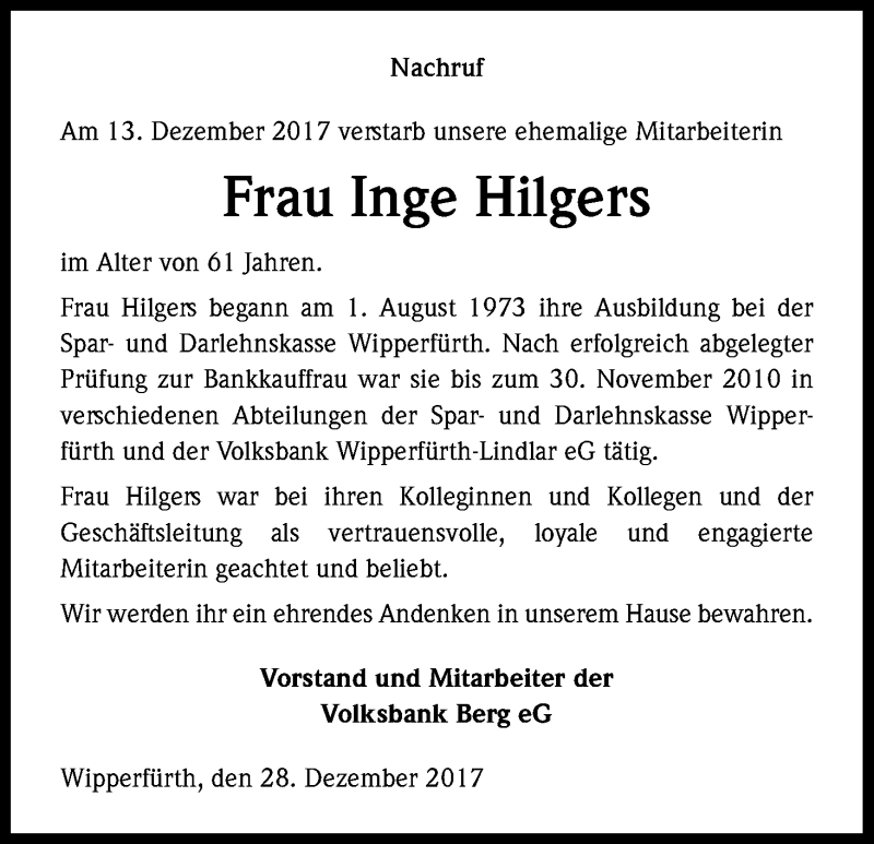  Traueranzeige für Inge Hilgers vom 30.12.2017 aus Kölner Stadt-Anzeiger / Kölnische Rundschau / Express
