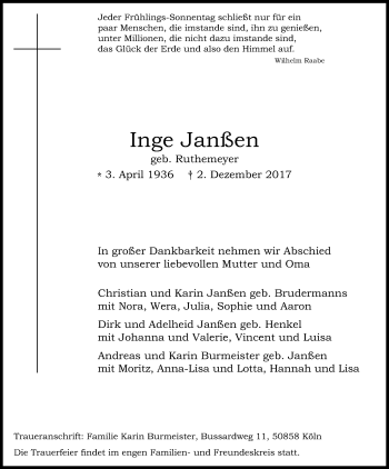Anzeige von Inge Janßen von Kölner Stadt-Anzeiger / Kölnische Rundschau / Express