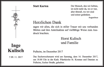 Anzeige von Inge Kulisch von  Sonntags-Post 