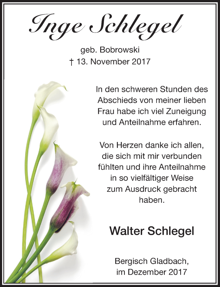  Traueranzeige für Inge Schlegel vom 02.12.2017 aus  Bergisches Sonntagsblatt 