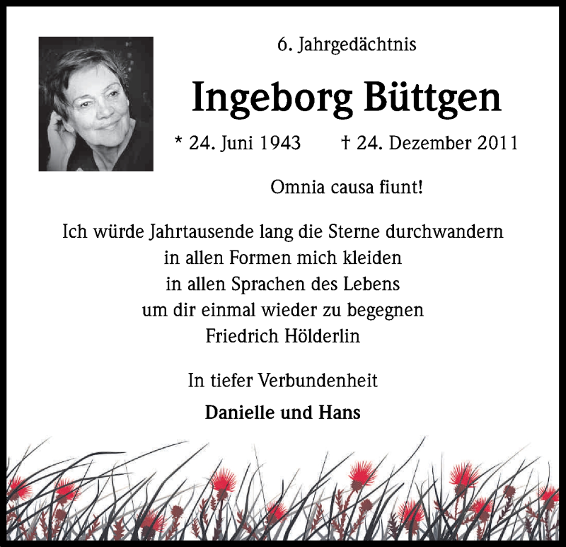  Traueranzeige für Ingeborg Büttgen vom 23.12.2017 aus Kölner Stadt-Anzeiger / Kölnische Rundschau / Express