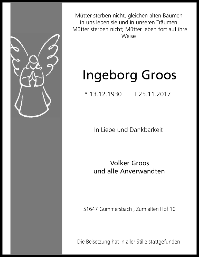  Traueranzeige für Ingeborg Groos vom 06.12.2017 aus Kölner Stadt-Anzeiger / Kölnische Rundschau / Express