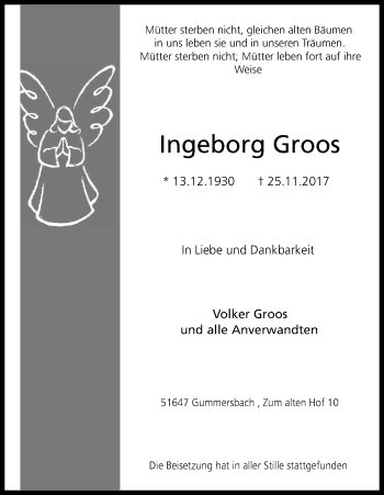 Anzeige von Ingeborg Groos von Kölner Stadt-Anzeiger / Kölnische Rundschau / Express