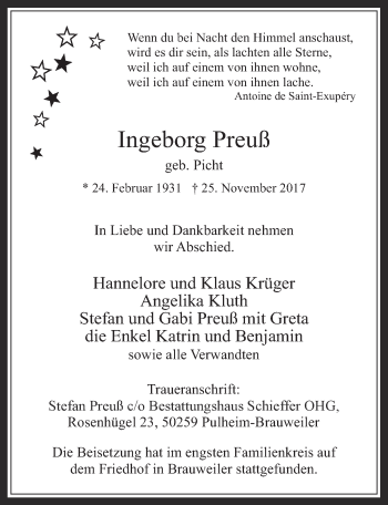 Anzeige von Ingeborg Preuß von  Wochenende  Werbepost 