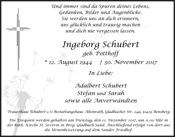Anzeige von Ingeborg Schubert von Kölner Stadt-Anzeiger / Kölnische Rundschau / Express
