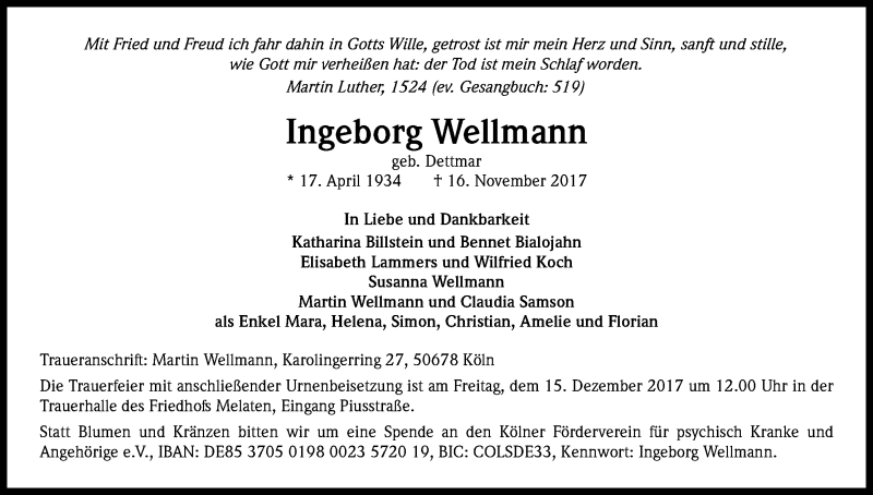  Traueranzeige für Ingeborg Wellmann vom 09.12.2017 aus Kölner Stadt-Anzeiger / Kölnische Rundschau / Express