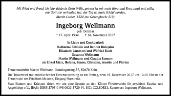 Anzeige von Ingeborg Wellmann von Kölner Stadt-Anzeiger / Kölnische Rundschau / Express