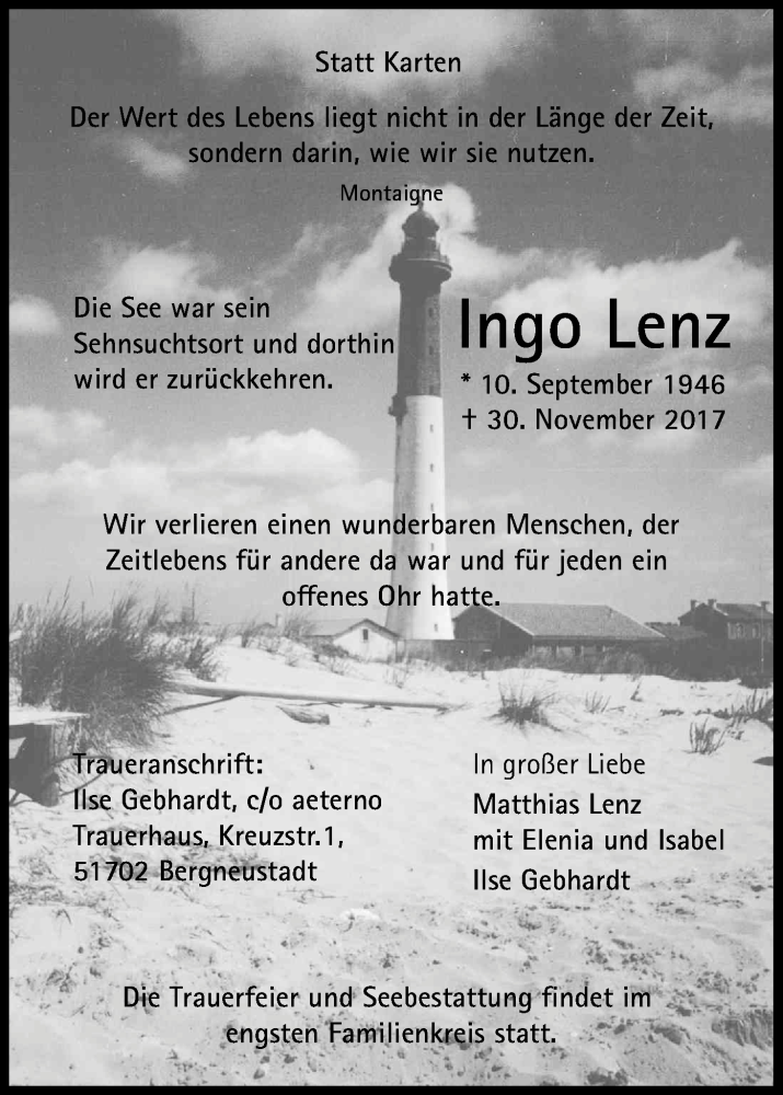 Traueranzeige für Ingo Lenz vom 09.12.2017 aus Kölner Stadt-Anzeiger / Kölnische Rundschau / Express
