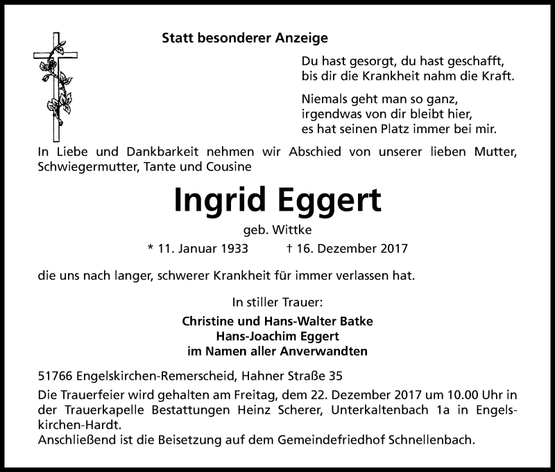  Traueranzeige für Ingrid Eggert vom 19.12.2017 aus Kölner Stadt-Anzeiger / Kölnische Rundschau / Express
