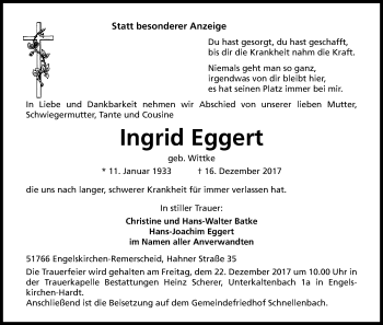 Anzeige von Ingrid Eggert von Kölner Stadt-Anzeiger / Kölnische Rundschau / Express