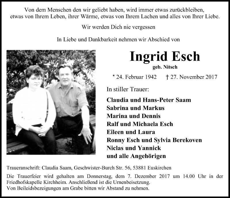  Traueranzeige für Ingrid Esch vom 02.12.2017 aus  Blickpunkt Euskirchen 