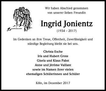Anzeige von Ingrid Jonientz von Kölner Stadt-Anzeiger / Kölnische Rundschau / Express