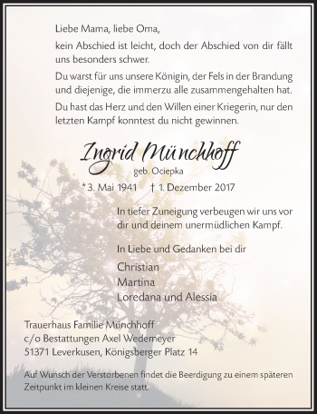 Anzeige von Ingrid Münchhoff von  Leverkusener Wochenende 