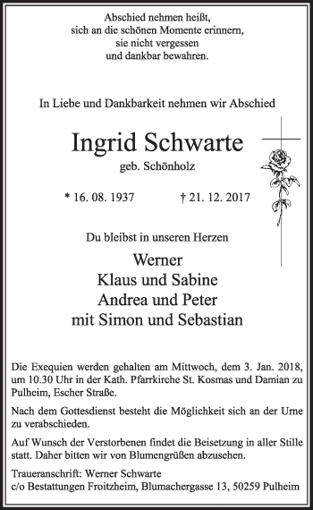 Anzeige von Ingrid Schwarte von  Sonntags-Post 