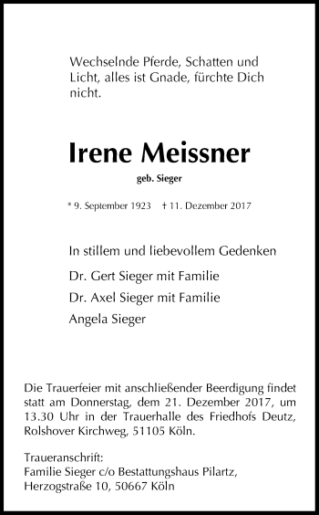 Anzeige von Irene Meissner von Kölner Stadt-Anzeiger / Kölnische Rundschau / Express